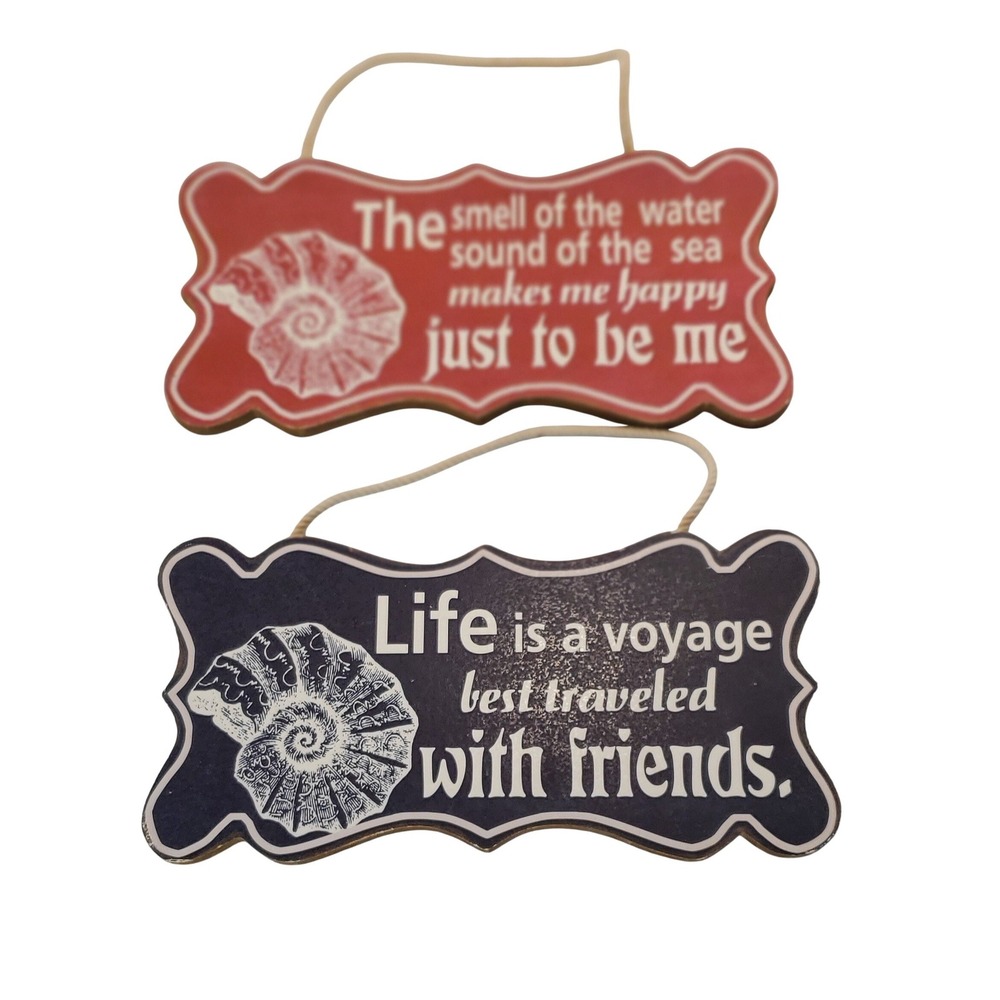 Nautical Wall Hanging Plaques Set of 2 Seashell Coastal Decor Red Blue Rope Sign